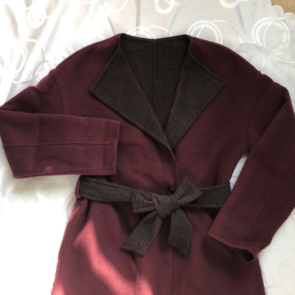Uniqlo Burgundy Plaid Wool Wrap Long Coat